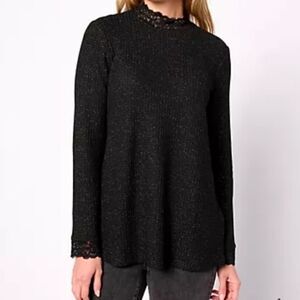 LOGO Lori Goldstein Black Metallic Waffle Knit Lace Top Pockets Stretchy Size 2X